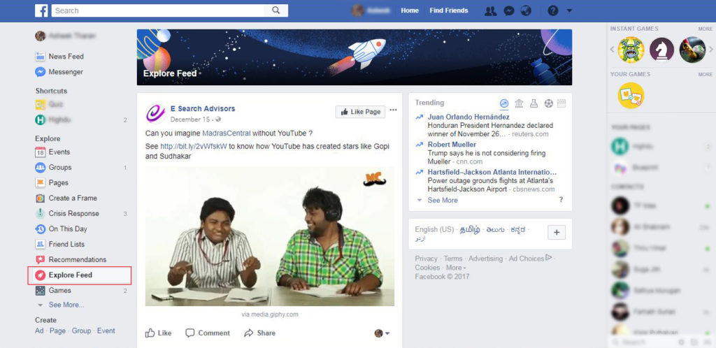 Facebook Explore Feed Example